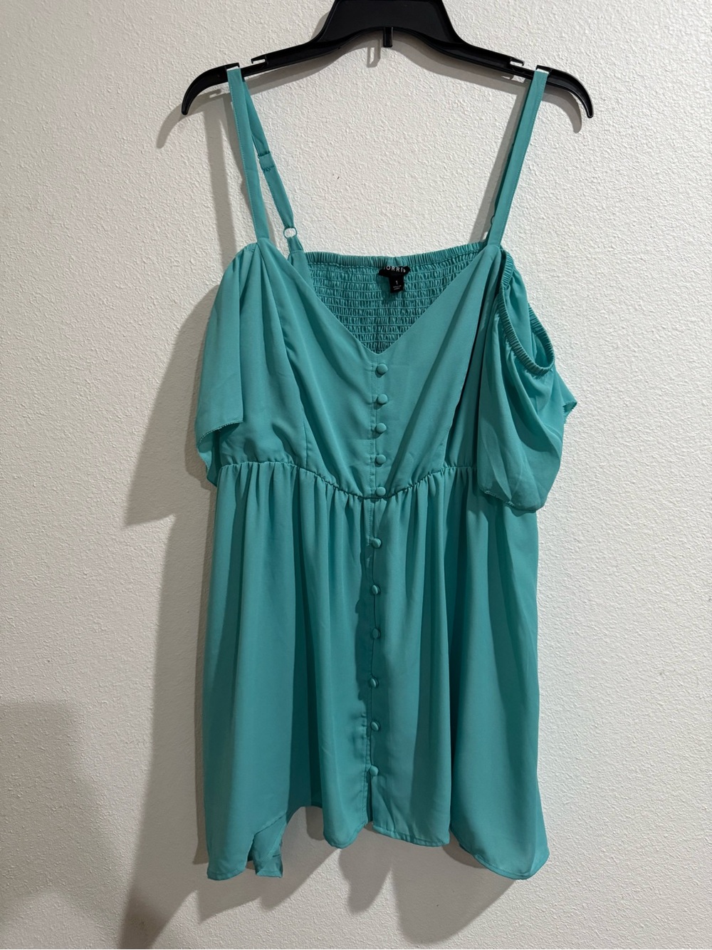 Teal Cold-Shoulder Button-Front Women’s Top